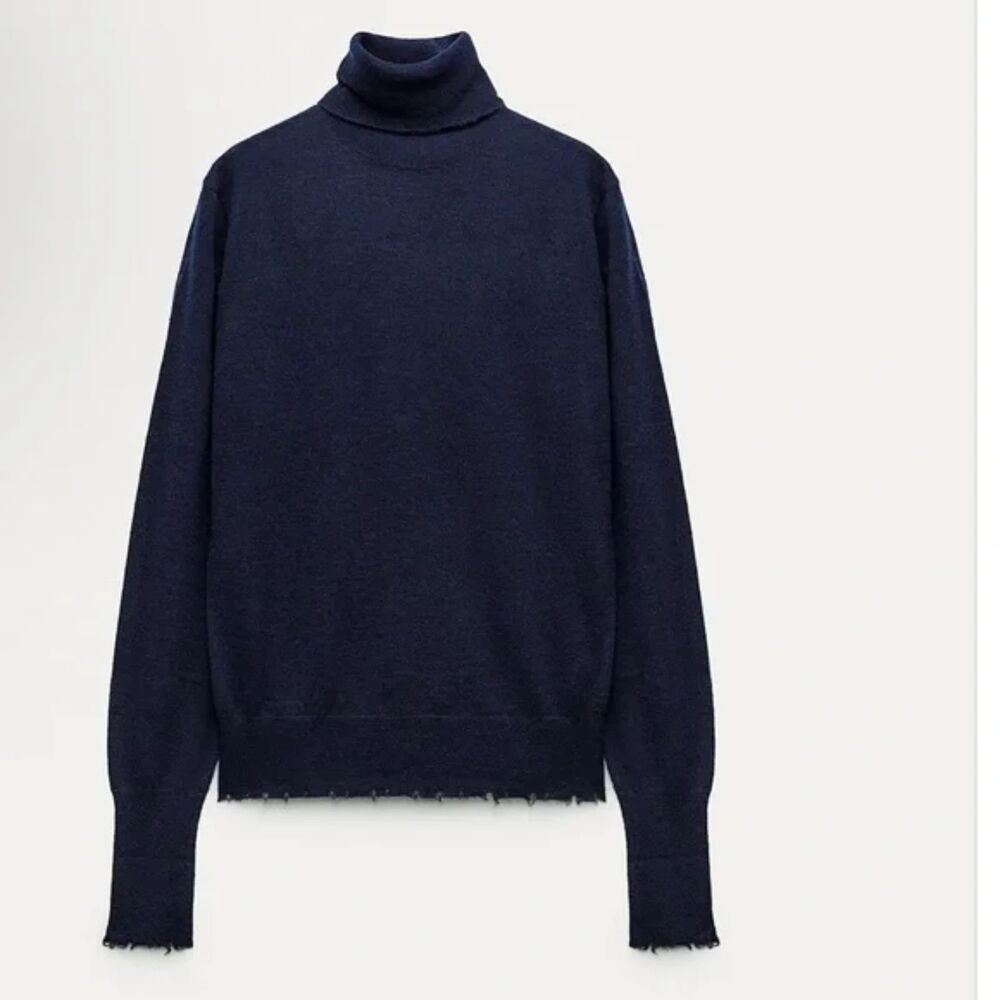 Navy Blue Zara Alpaca Wool Blend Deconstructed Rip Hem Turtleneck Sweater (NWT)